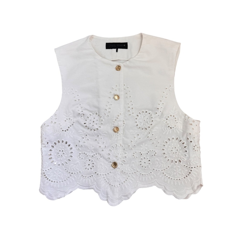 Zara Embroidered Eyelet Vest Top Womens S‎ White Cotton Scalloped Gold Buttons